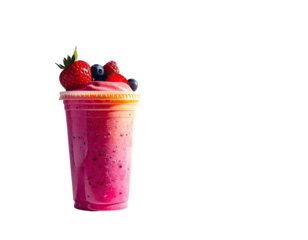 Vibrant pink smoothie in clear plastic cup, topped with fresh berries