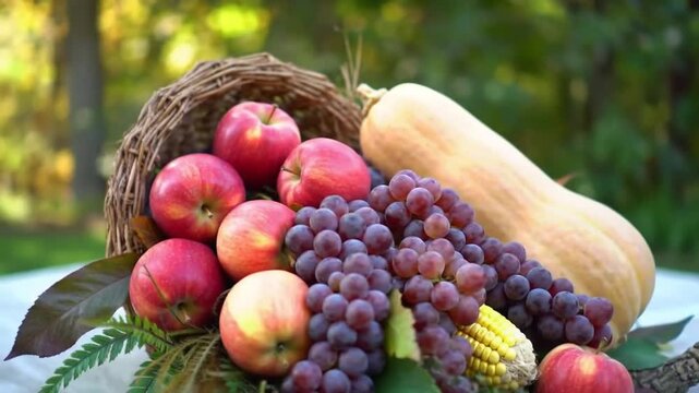 Abundant Harvest Cornucopia with Apples, Grapes, Squash, and Corn in Natural Setting