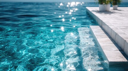 Obraz premium Azure Blue Water in Swimming Pool Sparkling Under Sunlight with Steps Leading into Water Near Concrete Patio and Potted Plants