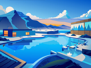 blue lagoon iceland vector landscape illustration