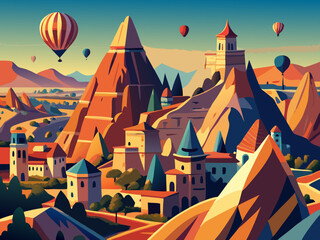 cappadocia turkey land andair balloon experience vector landscape illustration