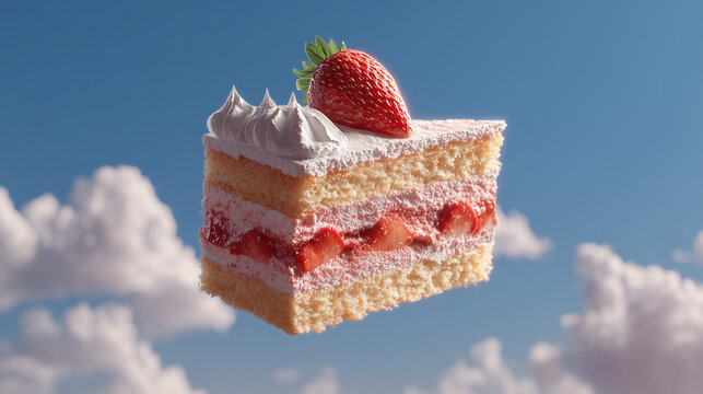 Levitating Slice of Strawberry Cake in the Sky – Hyperrealistic High-Quality Food Concept