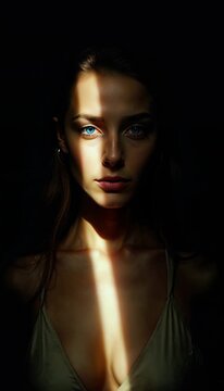 Dramatic closeup of a woman illuminated by striking light in a dark environment