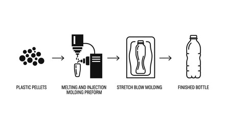 Plastic bottle production: from pellets to finished product, illustrating the melting, injection, and blow molding process.