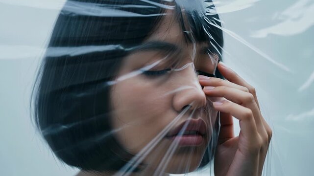 Closeup of a woman with bob haircut gently touching her face through transparent film