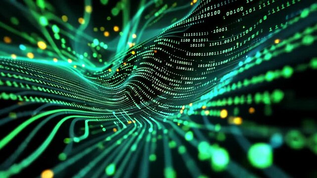 Abstract digital binary code flowing through a futuristic network.