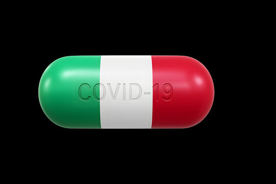 3D medicine capsule with Italy flag colors green white red and engraved COVID-19 text, pandemic medical concept, Italian coronavirus cure vaccine drug treatment symbol isolated on black background, he