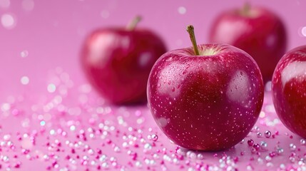 Vibrant Red Apples Covered in Droplets on a Glittering Pink Surface With a Soft Focus Background and Sparkling Highlights For Freshness and Sweetness
