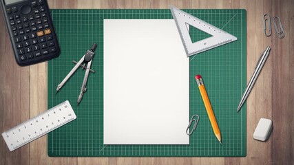 High-resolution top view of an architect’s desk with green cutting mat, drawing tools, and blank sheet, excellent for construction, architecture, and technical design themes.