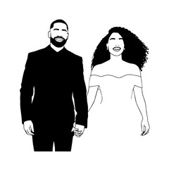 Black and White Vector Illustration of a Couple Man and Woman in Minimalistic Clean Line Art Style