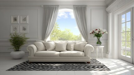 Fototapeta premium Bright White Living Room with Sofa and Flowers