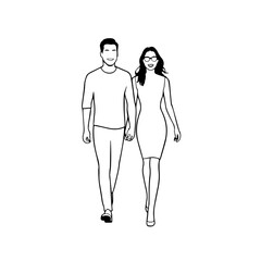 Black and White Vector Illustration of a Couple Man and Woman in Minimalistic Clean Line Art Style