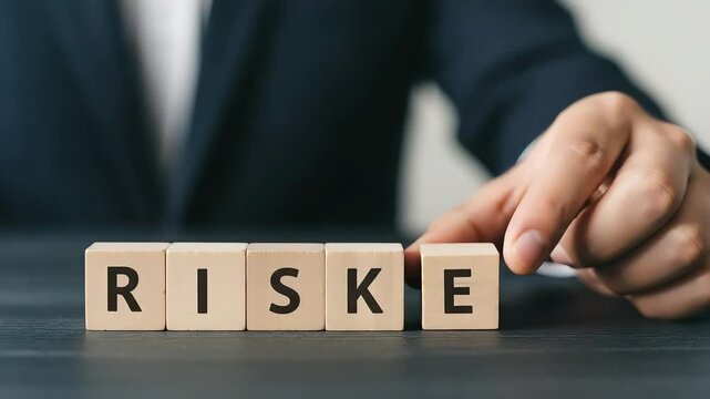 A persons hand places the letter e on wooden blocks spelling out the word risk, symbolizing risk management and business strategy
