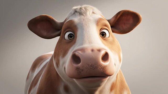 Close-up portrait of a surprised brown and white cow with a cartoonish expression on a plain gray background.