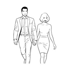 Black and White Vector Illustration of a Couple Man and Woman in Minimalistic Clean Line Art Style