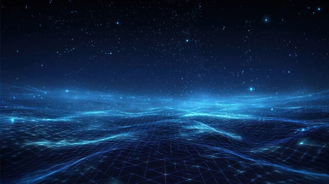 Abstract blue grid landscape with stars, horizon and a cosmic, technological feel