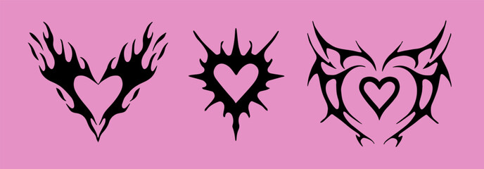 Vector illustration of three tribal heart designs in black silhouettes on a pink background. The image uses bold, jagged, abstract shapes typical of tribal tattoo style, blending love and edginess.