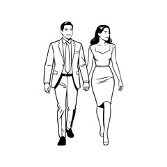 Black and White Vector Illustration of a Couple Man and Woman in Minimalistic Clean Line Art Style