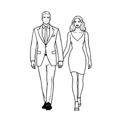 Black and White Vector Illustration of a Couple Man and Woman in Minimalistic Clean Line Art Style