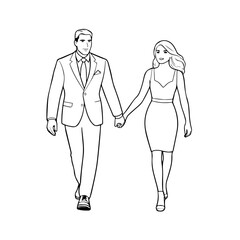 Black and White Vector Illustration of a Couple Man and Woman in Minimalistic Clean Line Art Style