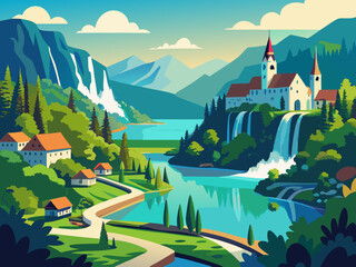 Plitvice Lakes Croatia nature landscape vector illustration
