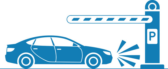 Car approaching a barrier gate at a parking lot entrance, indicating entry or exit.