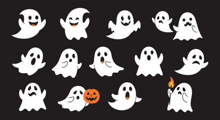 Obraz premium A collection of various cartoon ghosts celebrating Halloween with spooky expressions and props.