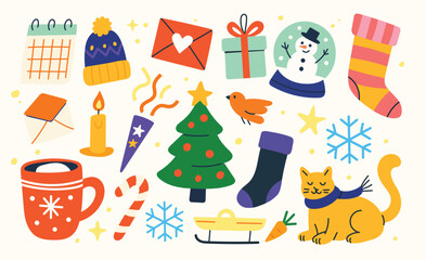Flat vector illustration stickers set of cute New Year and Christmas items. Decorated tree, snow globe. cozy cat, winter hat, hot cocoa mug, stockings, sleg, snowflakes, gifts, envelopes and candle