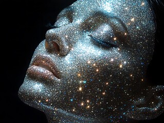 A woman's face with her eyes closed, fashionably decorated with sparkling diamonds, is illuminated by the light of a dark scene.
