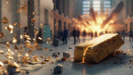 a shattered gold ingot on a wet, reflective urban surface, dramatically lit by a silent, stylized explosion whose smoke forms ancient calligraphy patterns