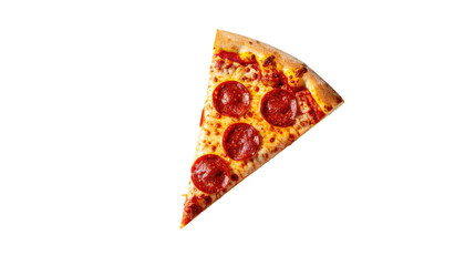 Close-up of a triangular pizza slice, showcasing pepperoni and melted cheese