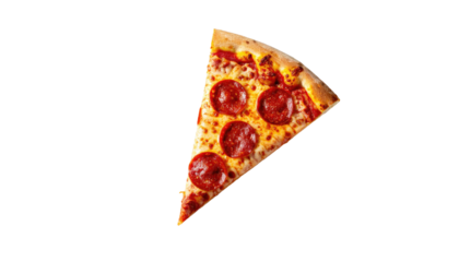 Close-up of a triangular pizza slice, showcasing pepperoni and melted cheese