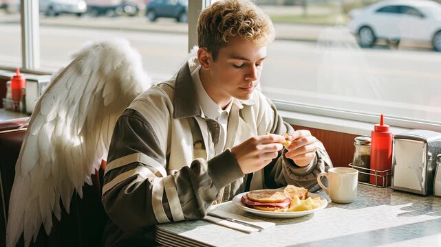 Young man with angelic wings enjoys a meal in a cozy diner during daytime