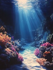 An underwater scene with beautiful multi-colored coral and light shining from the water surface.
