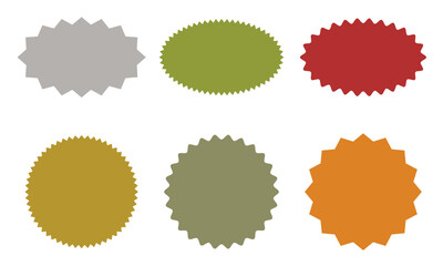 Price vintage label icon . Set of six colorful blank badge shapes with jagged edges, ideal for labels, stickers, discounts, or promotional design elements.
