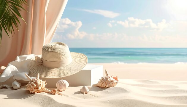 Beach scene with straw hat and seashells - Powered by Adobe