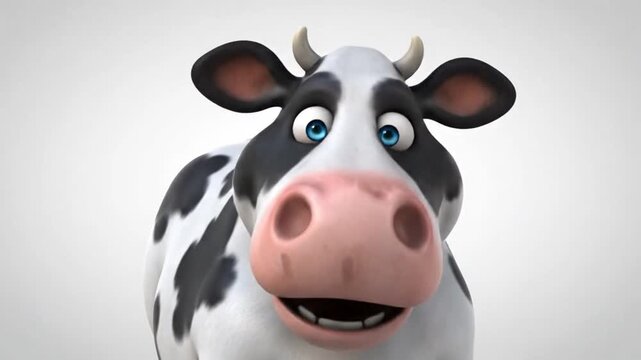 Close-up 3D illustration of a cheerful cow with black and white spots looking directly at the viewer with a friendly expression on a plain background.