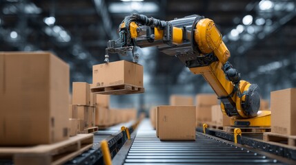 Industrial robotic arm handling cardboard boxes in a warehouse