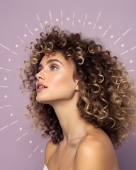 Woman with voluminous, defined curls, but with frizz strands visible as if they were luminous sparkles.