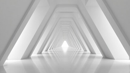 Obraz premium A pristine white hallway with geometric framing converges to a bright point in distance