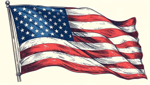 Hand-drawn illustration of an American flag waving