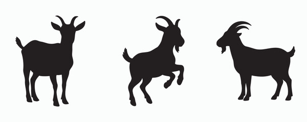 Black goat silhouettes in standing and jumping positions, isolated vector icons for farming, rural lifestyle, and animal design themes.