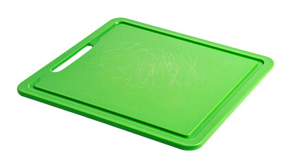 A bright lime green rectangular cutting board with visible scratches