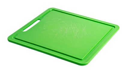 A bright lime green rectangular cutting board with visible scratches