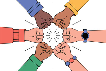 Diverse hands connect in a circle, symbolizing unity and teamwork.