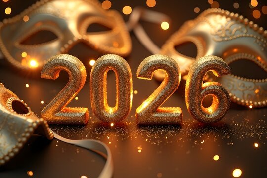 Sparkling golden 2026 numbers and elegant Venetian masks create a luxurious atmosphere perfect for New Year's Eve celebrations and festive event promotions