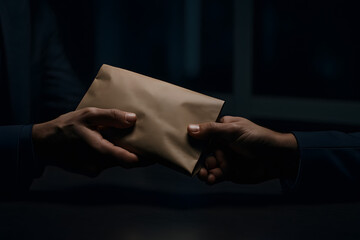 Hands exchanging envelope in dark room showing secret payment concept for corruption bribery illegal transaction financial misconduct concealment business crime hidden money exchange under low light a