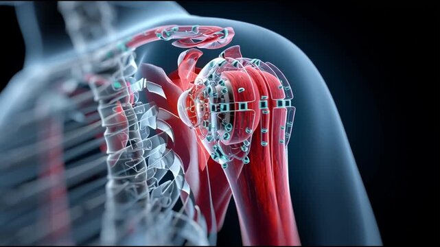 Joint Replacement Hospital. Surgery. Rehabilitation. Prosthetics. Detailed anatomical visualization of a human shoulder joint.