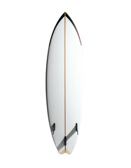 Rear view of a modern surfboard, white base, dark accents