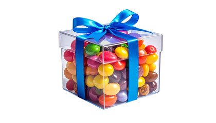 Transparent gift box filled with colorful candies and blue ribbon